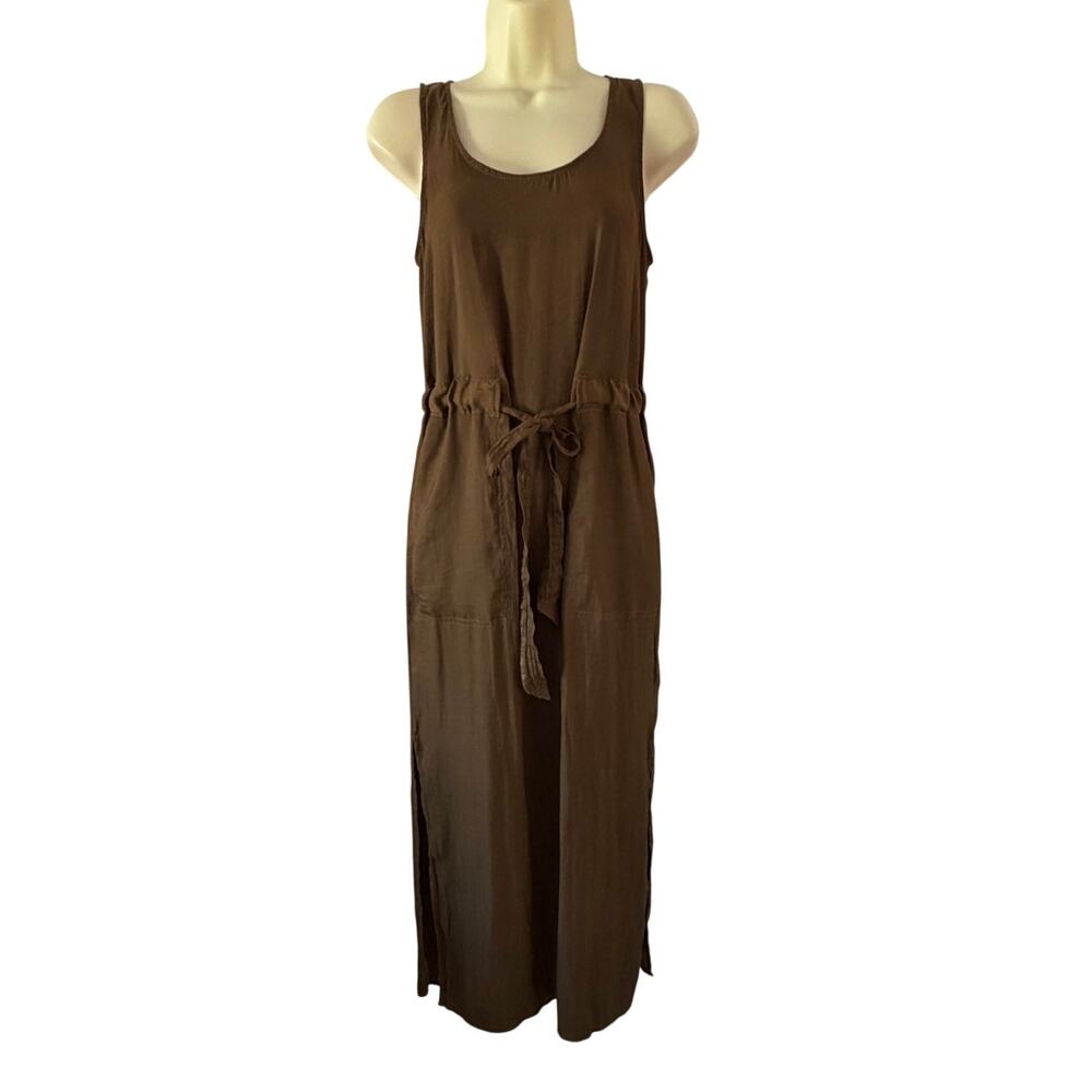 Banana Republic Size 0 Olive Maxi Dress Utility Side Slits Pockets Tie Waist